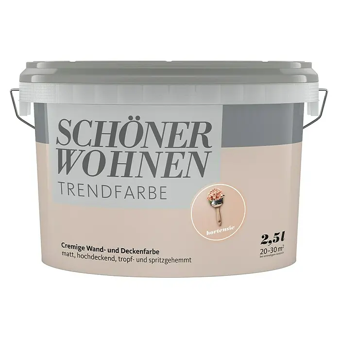 SCHÖNER WOHNEN-Farbe Wandfarbe Trendfarbe - Hortensie, Matt, 2,5 l, Konservierungsmittelfrei - Eimer Schönere Wohnen Trendfarbe "Hortensie", cremige Wand- und Deckenfarbe, matt, hochdeckend, 2,5l für 20-30m² bei einmaligem Anstrich.