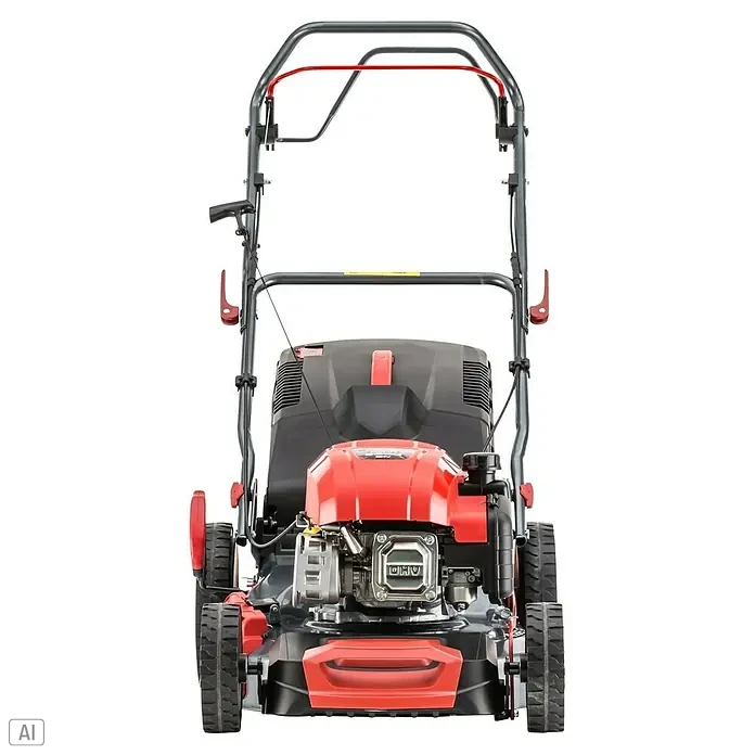 AL-KO Benzin-Rasenmäher Easy 4.66 SP-D - 2,4 kW, 149 cm³, Schnittbreite: 46 cm - Frontansicht eines Rasenmähers mit rotem Motor und schwarzem Gehäuse, geeignet für Gartenarbeiten und Rasenpflege.