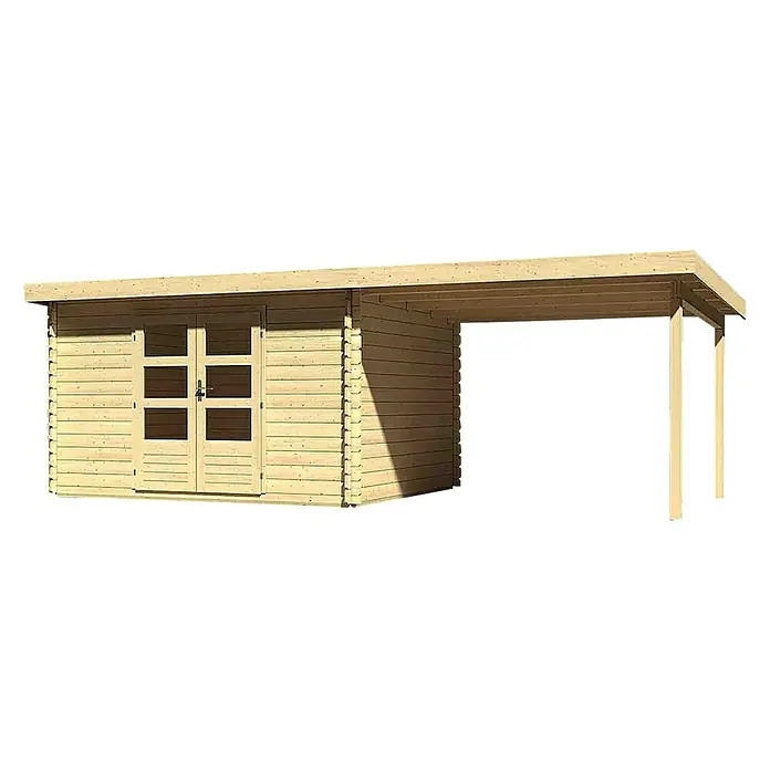 Karibu Gartenhaus Bastrup 7 - Außenmaß inkl. Dachüberstand (B x T): 674 x 333 cm, Holz, Natur, Mit Seitendach - Bild eines Holzgartenhauses mit Vordach, ideal für den Garten. Praktische und stilvolle Ergänzung für zusätzlichen Stauraum.