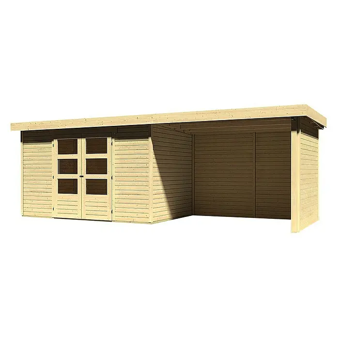 Karibu Gartenhaus Askola - Außenmaß inkl. Dachüberstand (B x T): 591,5 x 238 cm, Holz, Natur, Mit Anbau, Rück- und Seitenwand - Holzgartenhaus mit Fenster und überdachter Terrasse für entspannte Stunden im Freien, ideal zum Verstauen von Gartengeräten und Gartenmöbeln.