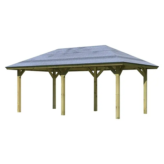 Karibu Pavillon Bergen 2 - 592 x 338 cm, Schiefergrau, Natur - Holzpavillon mit grauem Dach. Der Pavillon hat ein einfaches Design mit Holzpfosten und einem schützenden Dach. Perfekt für den Garten.