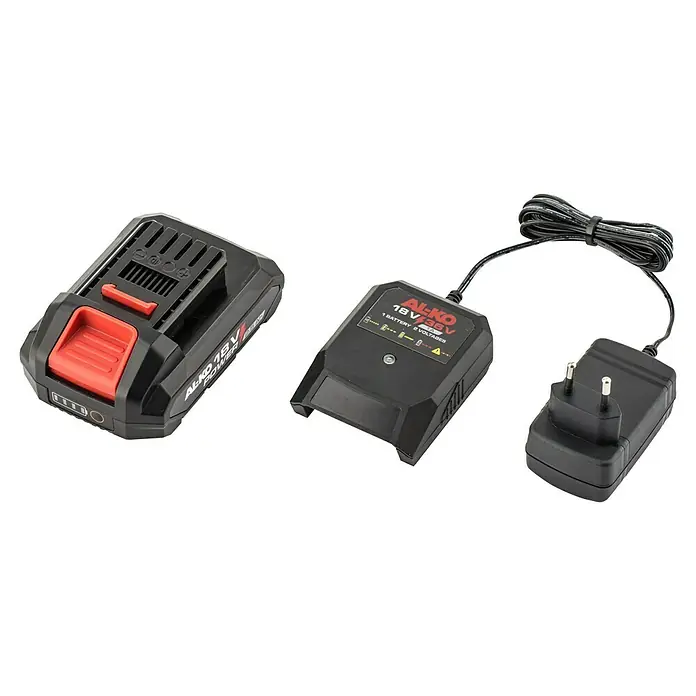 AL-KO 18V/36V Akku-Set B50.6 LI - 18 V, Li-Ionen - AL-KO 18 V Akku und Ladegerät für Gartengeräte. Das Set umfasst einen Akku mit rotem Entriegelungsknopf und ein Ladegerät mit Netzkabel.