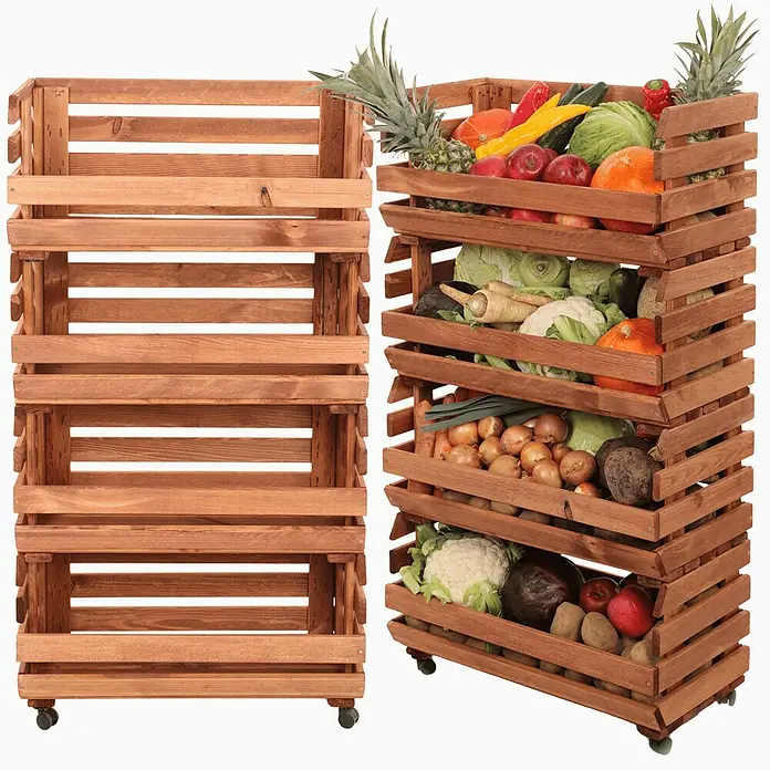 Proregal Holzregal Gemüseregal VeggieRoll mit Rollen - Anzahl Böden: 4 Stk., Schrauben, Braun