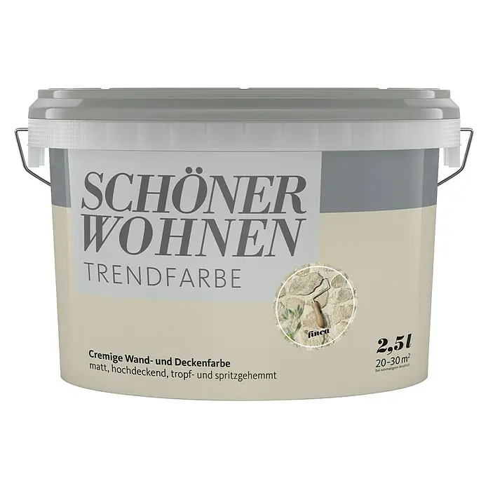 SCHÖNER WOHNEN-Farbe Wandfarbe Trendfarbe - Finca, Matt, 2,5 l, Konservierungsmittelfrei - Eimer "Schöner Wohnen Trendfarbe Finca" mit cremiger Wand- und Deckenfarbe, matt, hochdeckend, tropf- und spritzgehemmt.