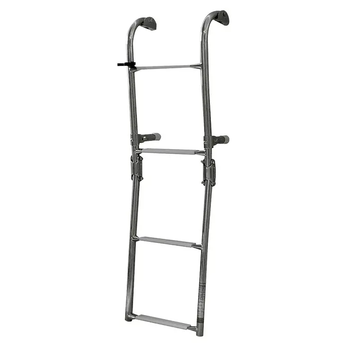 Navyline Badeleiter - L x B: 910 x 260 mm, Anzahl Stufen: 4 Stk., Edelstahl - Bild einer Bootsleiter aus Edelstahl mit Haltegriffen. Die Leiter hat drei Stufen mit rutschfesten Trittflächen.