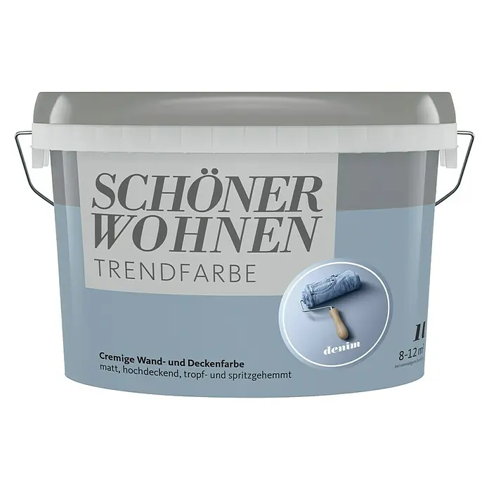 SCHÖNER WOHNEN-Farbe Wandfarbe Trendfarbe - Denim, Matt, 1 l, Konservierungsmittelfrei - Eimer mit Schöner Wohnen Trendfarbe "Denim", eine cremige, matte Wand- und Deckenfarbe.