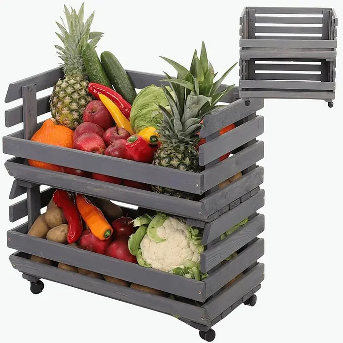 Proregal Holzregal Gemüseregal VeggieRoll mit Rollen - Anzahl Böden: 2 Stk., Schrauben, Grau