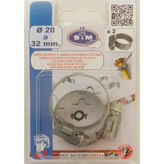 Abrazadera para manguera 9 mm - Alcance de sujeción: 20 mm - 32 mm, 2 ud. - Imagen de un paquete de dos abrazaderas de manguera de S&M, adecuadas para tubos con un diámetro de 20 a 32 mm.