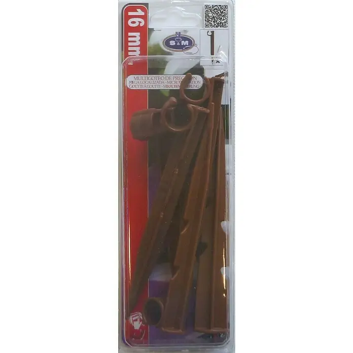 Difusor con rosca abierto 16 mm - 16 mm, Marrón oscuro - Primer plano del paquete de estacas de microirrigación S&M de 16 mm, ideales para un riego preciso y eficiente.