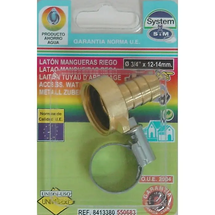 Racor de manguera - Latón, ¾″ x 12/14 mm - Paquete de conector de manguera de latón, para sistemas de riego, con medidas de 3/4" x 12-14mm, y abrazadera de manguera incluida.