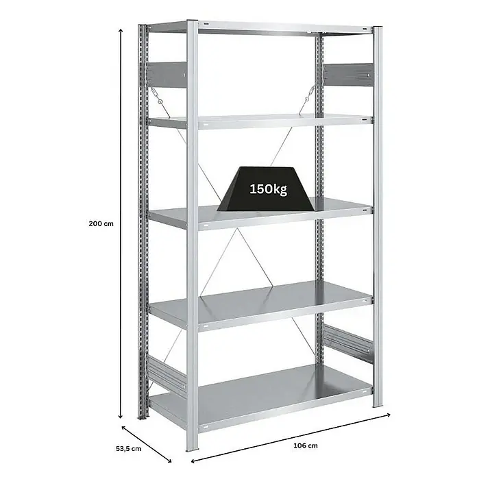 Proregal Metallregal SILVER MAMBA - H x B x T: 200 x 100 x 50 cm, Traglast pro Boden: 150 kg, Anzahl Böden: 5 Stk., Stecken, Verzinkt