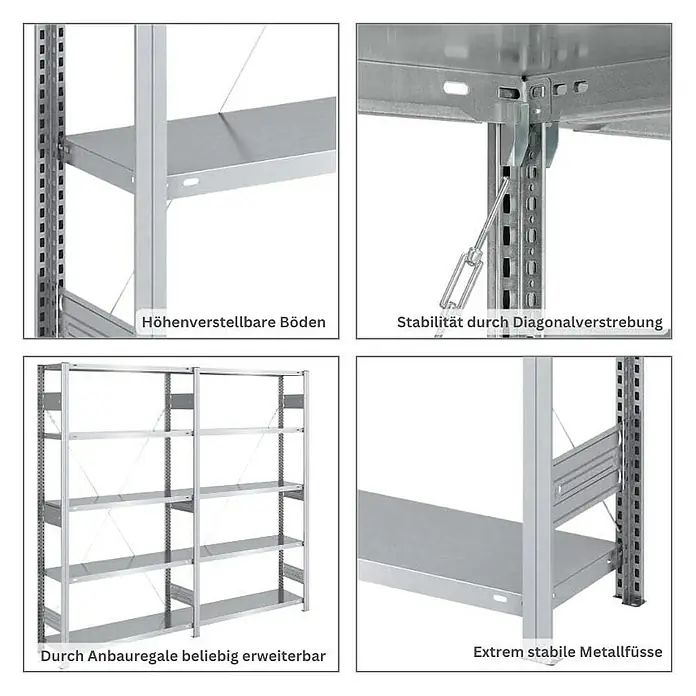 Proregal Metallregal SILVER MAMBA - H x B x T: 200 x 100 x 50 cm, Traglast pro Boden: 150 kg, Anzahl Böden: 5 Stk., Stecken, Verzinkt