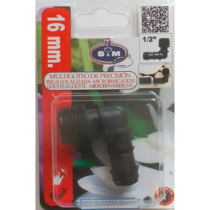 Codo roscado goteo macho de ½" - Diámetro: 16 mm - Componente de microirrigación de 16 mm S&M envasado, un codo de 1/2" para sistemas de riego por goteo de precisión.