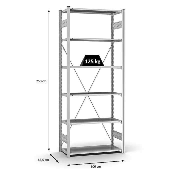 Proregal Metallregal MAGNUS Stecksystem - H x B x T: 250 x 100 x 40 cm, Traglast pro Boden: 125 kg, Anzahl Böden: 6 Stk., Stecken, Verzinkt