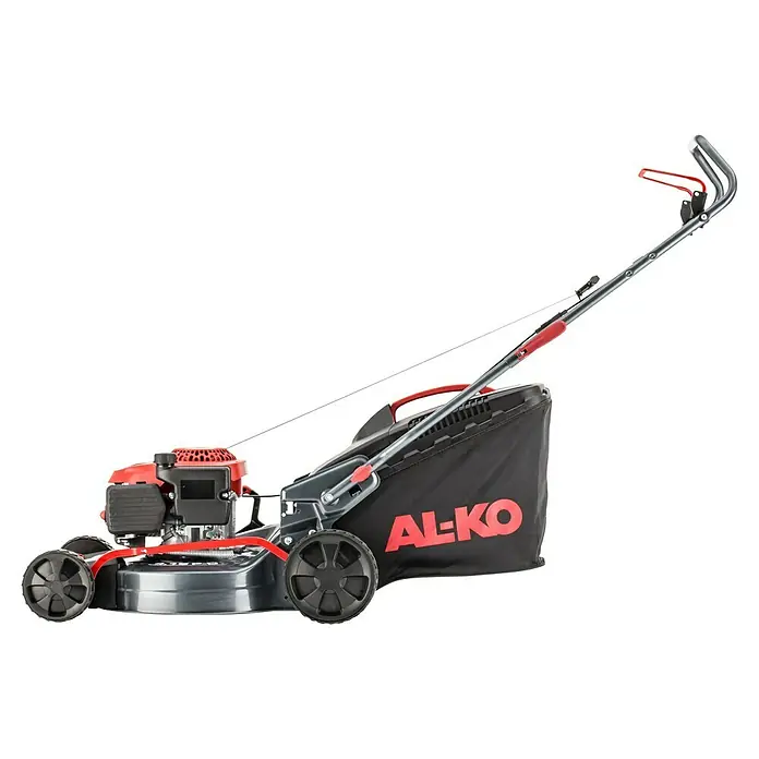 AL-KO Benzin-Rasenmäher Easy 4.16 P-D - 1,2 kW, 79,8 cm³, Schnittbreite: 41 cm - Hier ist ein AL-KO Rasenmäher mit einem schwarzen Fangkorb und roten Akzenten. Das Gerät ist ideal für mittelgroße bis große Gärten.