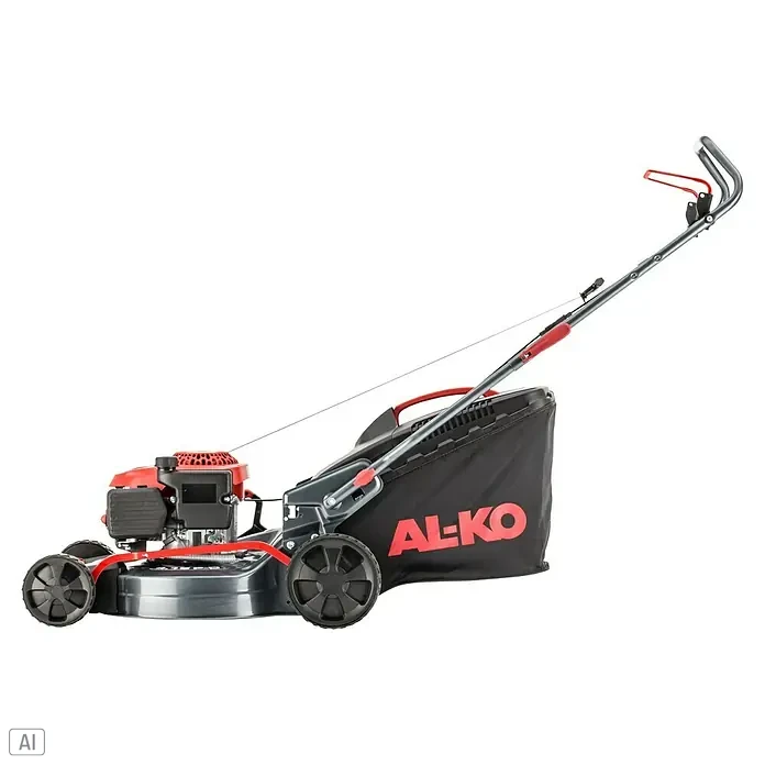 AL-KO Benzin-Rasenmäher Easy 4.16 P-D - 1,2 kW, 79,8 cm³, Schnittbreite: 41 cm - Hier ist ein AL-KO Rasenmäher mit einem schwarzen Fangkorb und roten Akzenten. Das Gerät ist ideal für mittelgroße bis große Gärten.