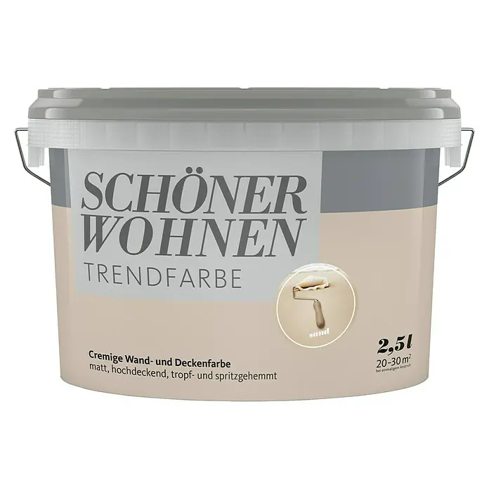 SCHÖNER WOHNEN-Farbe Wandfarbe Trendfarbe - Sand, Matt, 2,5 l, Konservierungsmittelfrei - Farbdose Schöner Wohnen Trendfarbe Sand, 2,5l, für Wände und Decken, matt, hochdeckend, tropf- und spritzgehemmt.