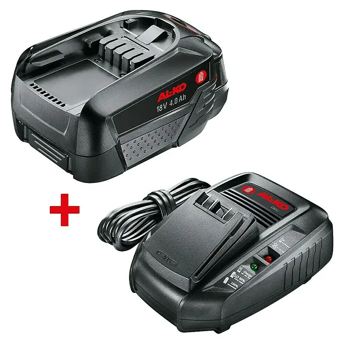AL-KO Akku-Set 4,0 Ah & 3A Ladegerät - Passend für: AL-KO 18 V Geräte BOSCH HOME AND GARDEN COMPATIBLE - AL-KO 18V 4.0 Ah Akku und Ladegerät, ideal für Ihre Gartengeräte. Zuverlässige Stromversorgung für effizientes Arbeiten im Garten.
