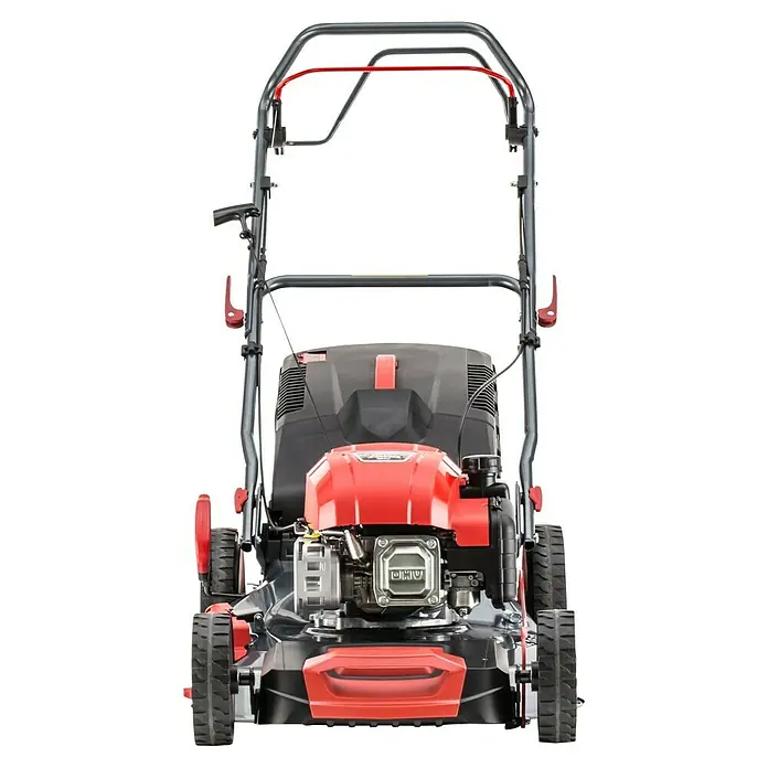 AL-KO Benzin-Rasenmäher Easy 5.16 SP-D - 2,6 kW, 171 cm³, Schnittbreite: 51 cm - Hier ist ein Rasenmäher. Dieser Rasenmäher ist rot und schwarz. Er hat einen Motor und vier Räder.