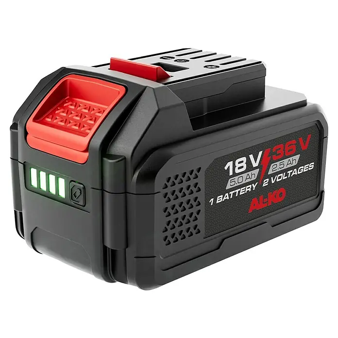AL-KO 18V/36V Akku B100.6 LI - 18 V, 2,5 Ah - 5 Ah, Li-Ionen - Akku von AL-KO mit 18V/36V, 5.0Ah/2.5Ah, für Gartengeräte, mit Ladestandsanzeige. Leistungsstarke Energiequelle für Ihre Geräte.