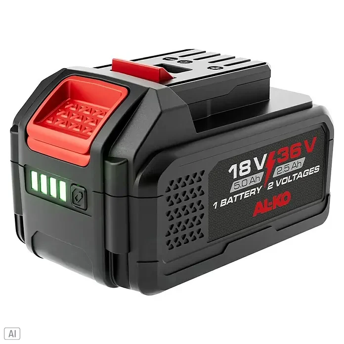AL-KO 18V/36V Akku B100.6 LI - 18 V, 2,5 Ah - 5 Ah, Li-Ionen - Akku von AL-KO mit 18V/36V, 5.0Ah/2.5Ah, für Gartengeräte, mit Ladestandsanzeige. Leistungsstarke Energiequelle für Ihre Geräte.