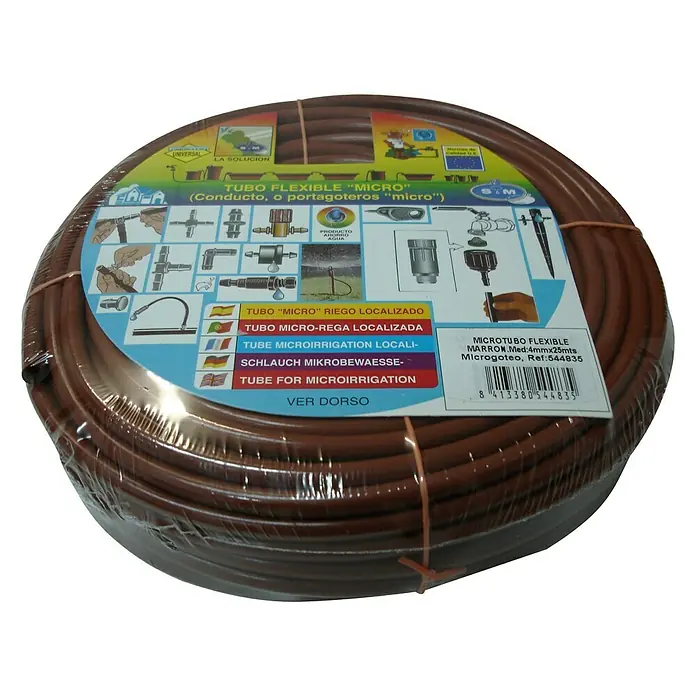 Tubo de instalación microgoteo flexible - 4 mm, 25 m - Tubo flexible de microirrigación enrollado en marrón, ideal para riego de jardín preciso.