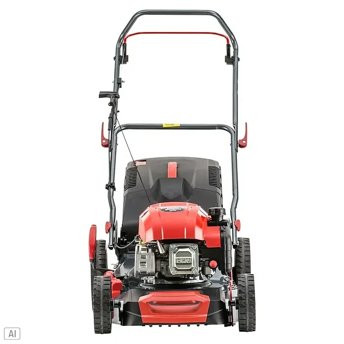 AL-KO Benzin-Rasenmäher Easy 4.66 P-D - 1,9 kW, 131 cm³, Schnittbreite: 46 cm - Aufnahme eines Rasenmähers, der auf dem Rasen steht. Dieser Rasenmäher hat ein rot-schwarzes Gehäuse.