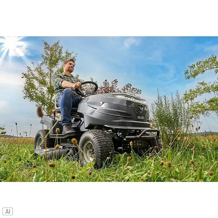 AL-KO Comfort Rasentraktor 14-92.6 HDS-A - 8,8 kW, Schnittbreite: 92 cm, Schnitthöhe: 30 cm - 90 cm, Kraftstoffart: Benzin - Ein Mann fährt einen AL-KO Aufsitzmäher durch hohes Gras, wobei die Maschine und ihre Geländetauglichkeit hervorgehoben werden.