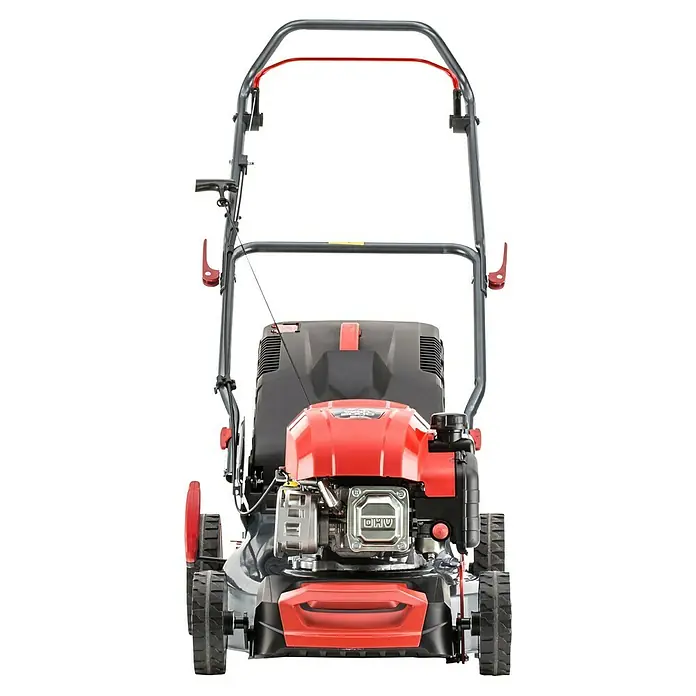 AL-KO Benzin-Rasenmäher Easy 4.26 P-D - 1,9 kW, 131 cm³, Schnittbreite: 41 cm - Frontansicht eines roten Rasenmähers mit schwarzen Akzenten und einem grauen Griff, der ein praktisches Gartengerät darstellt.