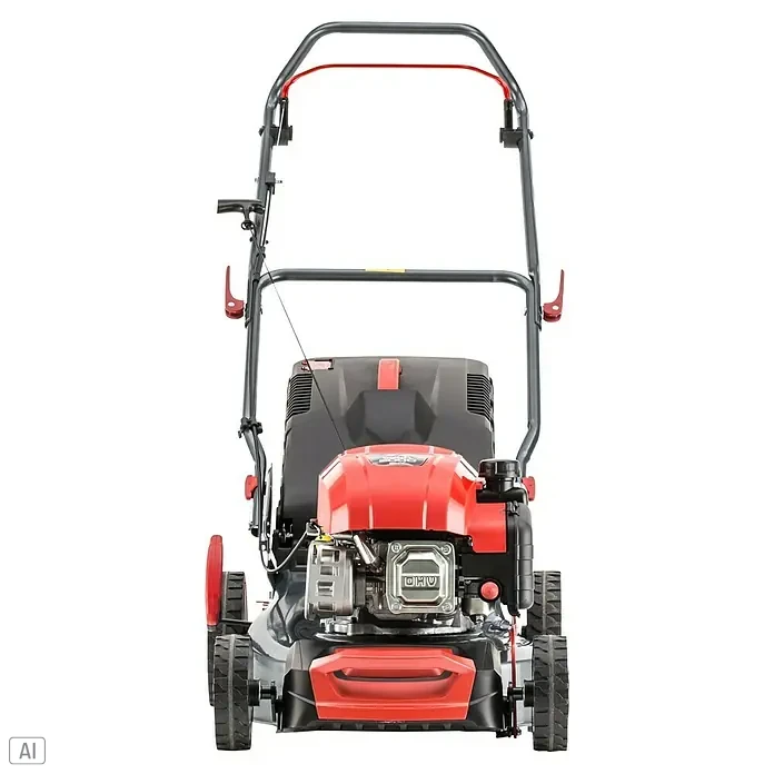AL-KO Benzin-Rasenmäher Easy 4.26 P-D - 1,9 kW, 131 cm³, Schnittbreite: 41 cm - Frontansicht eines roten Rasenmähers mit schwarzen Akzenten und einem grauen Griff, der ein praktisches Gartengerät darstellt.