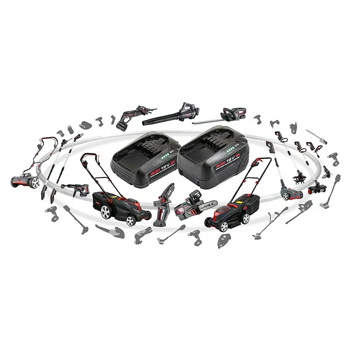 AL-KO Bosch Home & Garden Compatible Akku B50.5 LI - 18 V, 2,5 Ah, Li-Ionen - Abbildung eines Sets von AL-KO Gartengeräten, inklusive Rasenmäher, Heckenschere und Akkus, die Vielseitigkeit und Leistung für die Gartenpflege bieten.