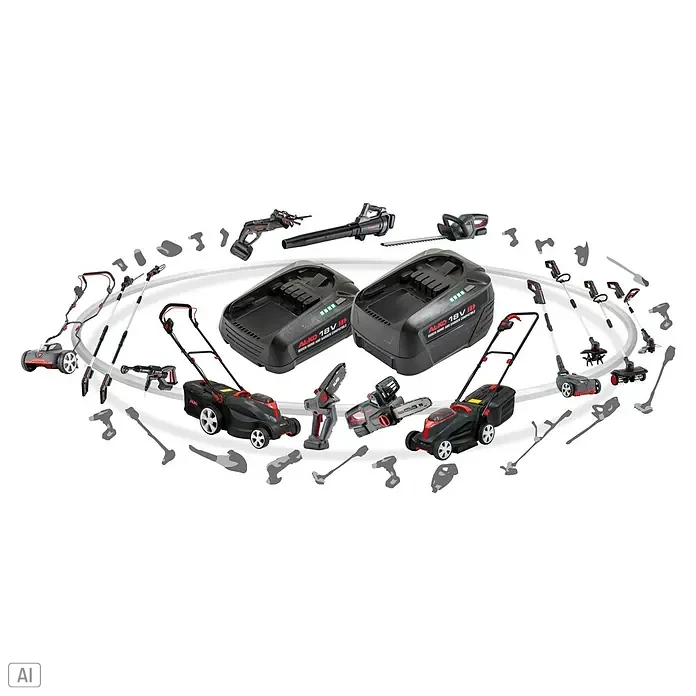 AL-KO Bosch Home & Garden Compatible Akku B50.5 LI - 18 V, 2,5 Ah, Li-Ionen - Abbildung eines Sets von AL-KO Gartengeräten, inklusive Rasenmäher, Heckenschere und Akkus, die Vielseitigkeit und Leistung für die Gartenpflege bieten.