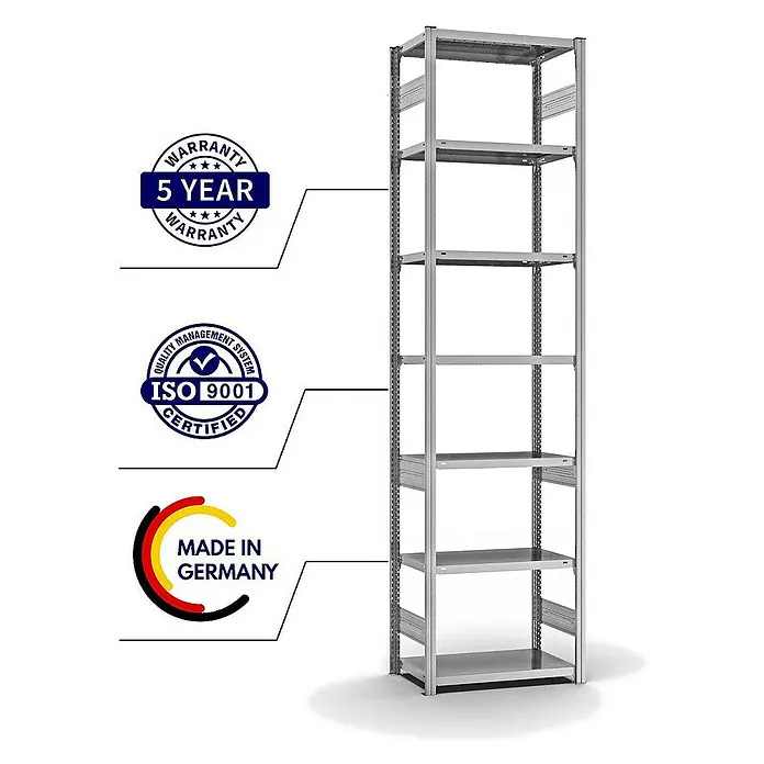 Proregal Metallregal MAGNUS Stecksystem - H x B x T: 300 x 75 x 40 cm, Traglast pro Boden: 145 kg, Anzahl Böden: 7 Stk., Stecken, Verzinkt
