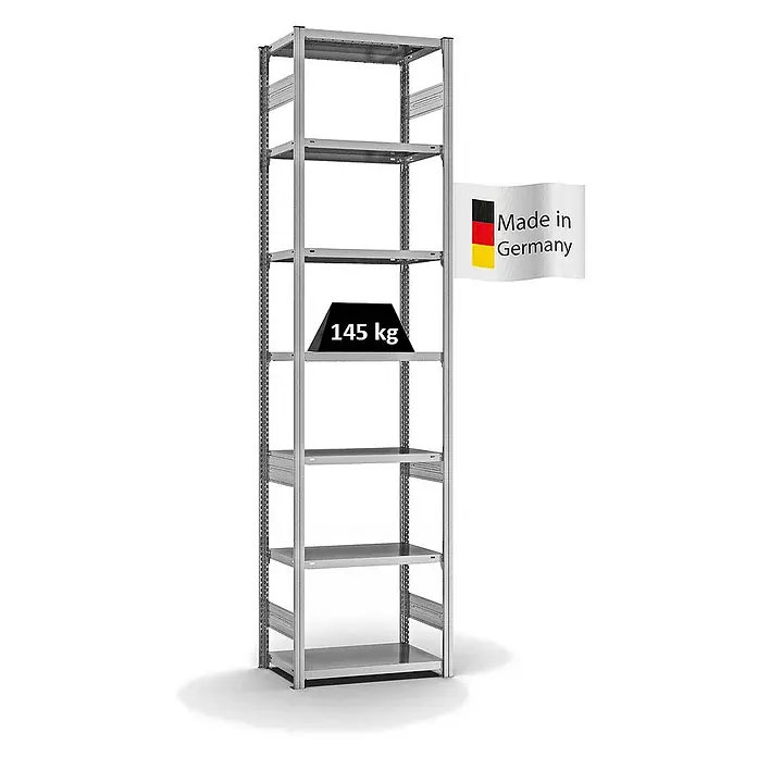 Proregal Metallregal MAGNUS Stecksystem - H x B x T: 300 x 75 x 40 cm, Traglast pro Boden: 145 kg, Anzahl Böden: 7 Stk., Stecken, Verzinkt