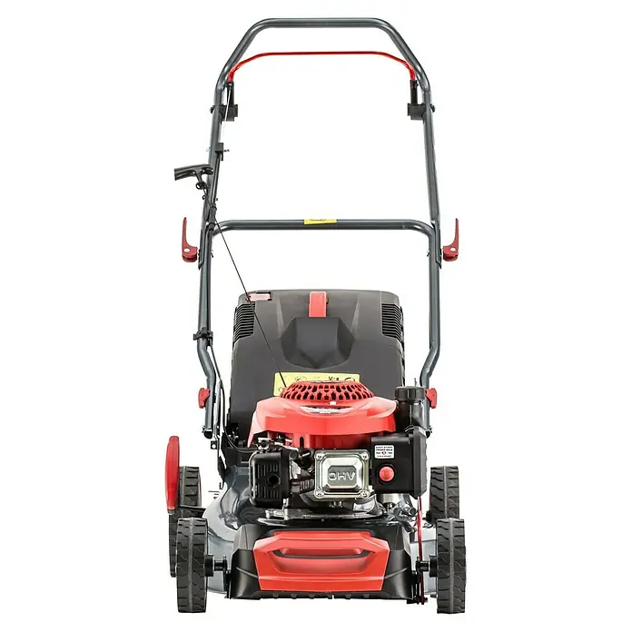 AL-KO Benzin-Rasenmäher Easy 4.16 P-D - 1,2 kW, 79,8 cm³, Schnittbreite: 41 cm - Ansicht eines Rasenmähers mit rotem Motorblock und Griff. Ideal für die Gartenarbeit und Rasenpflege.