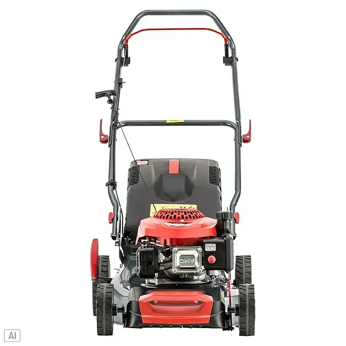 AL-KO Benzin-Rasenmäher Easy 4.16 P-D - 1,2 kW, 79,8 cm³, Schnittbreite: 41 cm - Ansicht eines Rasenmähers mit rotem Motorblock und Griff. Ideal für die Gartenarbeit und Rasenpflege.