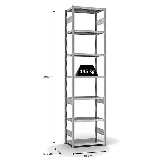 Proregal Metallregal MAGNUS Stecksystem - H x B x T: 300 x 75 x 40 cm, Traglast pro Boden: 145 kg, Anzahl Böden: 7 Stk., Stecken, Verzinkt