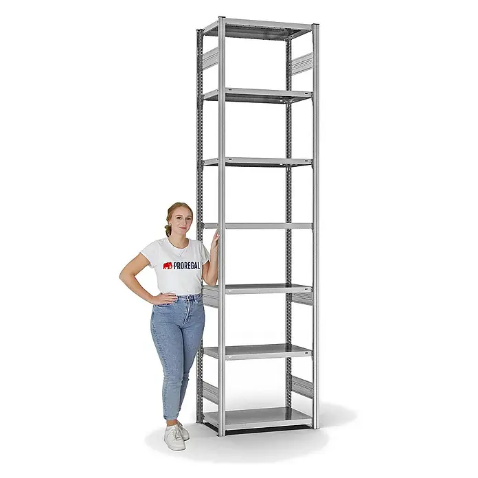 Proregal Metallregal MAGNUS Stecksystem - H x B x T: 300 x 75 x 40 cm, Traglast pro Boden: 145 kg, Anzahl Böden: 7 Stk., Stecken, Verzinkt