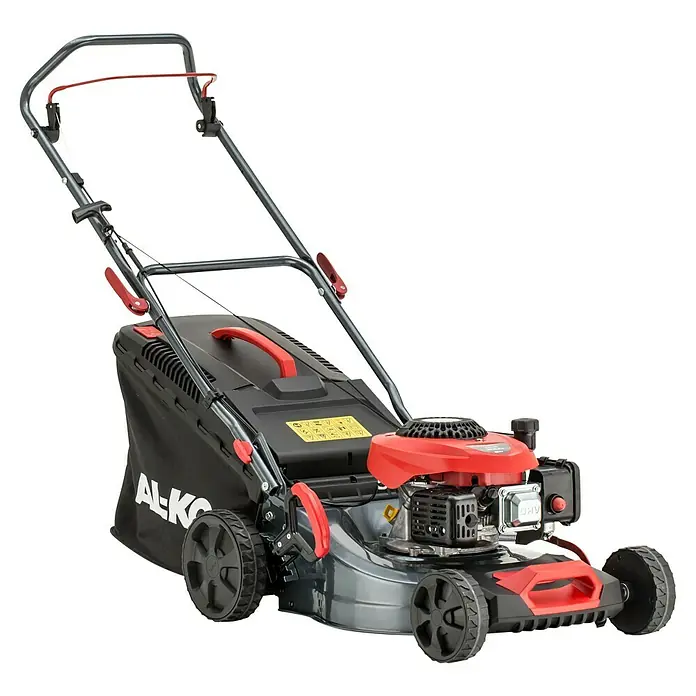 AL-KO Benzin-Rasenmäher Easy 4.16 P-D - 1,2 kW, 79,8 cm³, Schnittbreite: 41 cm - Ein rot-schwarzer AL-KO Benzin-Rasenmäher mit Fangkorb und verstellbarem Griff für den komfortablen Garteneinsatz.