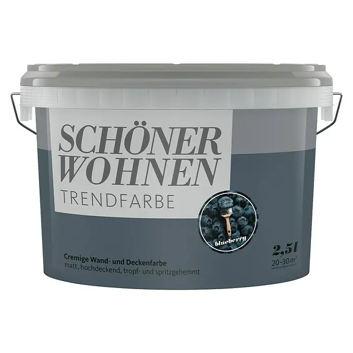 SCHÖNER WOHNEN-Farbe Wandfarbe Trendfarbe - Blueberry, Matt, 2,5 l, Konservierungsmittelfrei - Abbildung eines Eimers „Schöner Wohnen“-Wandfarbe in der Farbe Blueberry. Cremige, matte Wand- und Deckenfarbe für den Innenbereich.