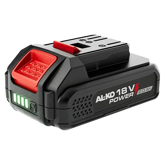 AL-KO 18V/36V Akku B40.6 LI - 18 V, 2 Ah, Li-Ionen - AL-KO 18 V Power 2.0 Ah Akku für Gartengeräte. Der Akku ist schwarz mit roten Akzenten und verfügt über eine Ladezustandsanzeige.