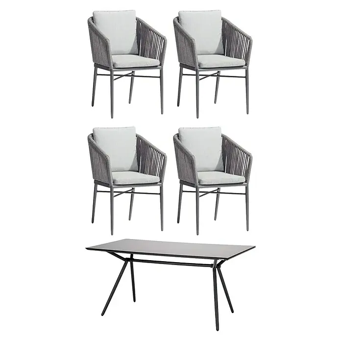 Acamp Gartenmöbel-Set Manhattan/Alpha - 5 -tlg., Aluminium, Glas, Polyester, Stapelbar - Elegantes Gartenmöbelset mit vier Stühlen mit grauem Rattangeflecht und einem Tisch. Perfekt für den stilvollen Aussenbereich.