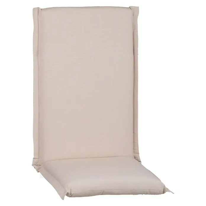 beo Gartenmöbel-Auflage Aurich - Hochlehner, 4 Stk., L x B x H: 120 x 52 x 8 cm, Baumwolle, Poylester, Beige - Detailaufnahme eines beigen Stuhlkissens mit Rückenlehne. Das Kissen ist einfarbig und hat eine dezente Textur.