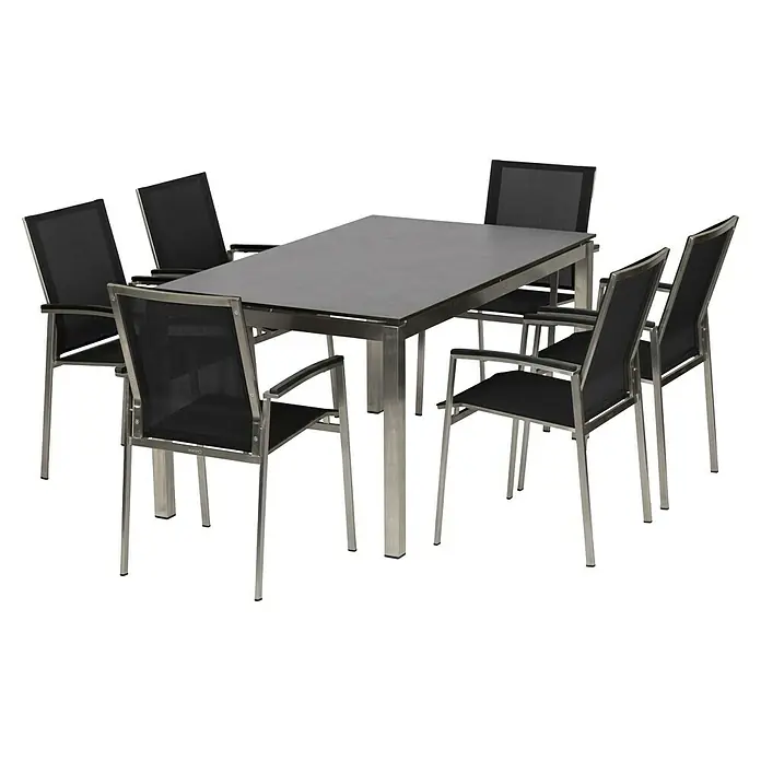 Acamp Gartenmöbel-Set Skye/Auris - 7 -tlg., Edelstahl, Polywood, HPL, Schwarz - Modernes Gartentischset mit sechs Stühlen, ideal für stilvolle Außenbereiche. Das Set besticht durch sein elegantes Design in Silber und Schwarz.
