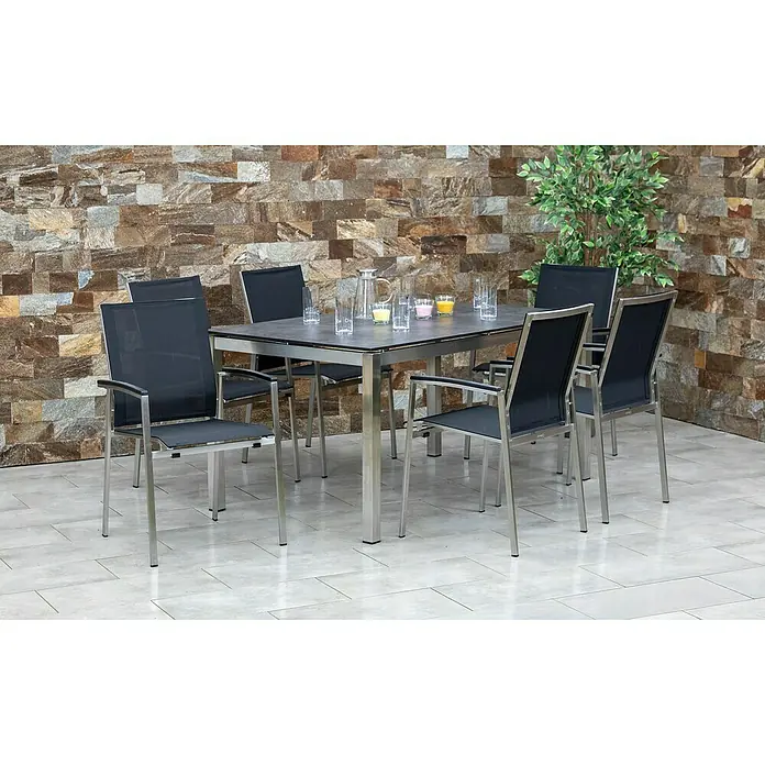 Acamp Gartenmöbel-Set Skye/Auris - 7 -tlg., Edelstahl, Polywood, HPL, Schwarz - Edle Gartengarnitur mit silbergrauem Tisch und sechs eleganten Stühlen mit anthrazitfarbenen Bezügen für stilvolle Outdoor-Momente.