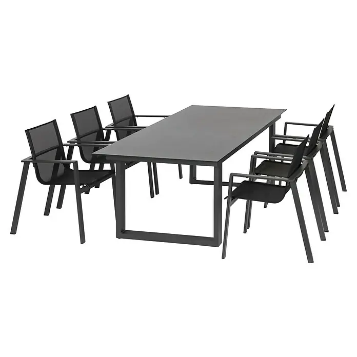 Acamp Gartenmöbel-Set Hollywood/Woody - 7 -tlg., Aluminium, Sicherheitsglas, Schwarz - Schwarze Essgruppe mit rechteckigem Tisch und vier Stühlen mit Armlehnen. Minimalistisches Design, perfekt für den Außenbereich.