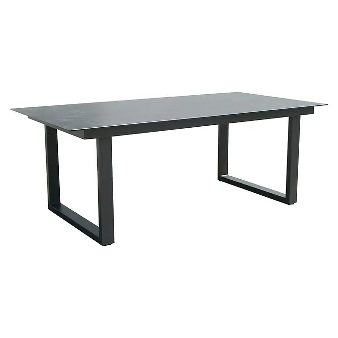 Acamp Gartenmöbel-Set Hollywood/Woody - 7 -tlg., Aluminium, Sicherheitsglas, Schwarz - Bild eines grauen Metalltisches mit klaren Linien und einem robusten Design, ideal für Werkstatt oder Büro. Solide Konstruktion für hohe Beanspruchung.