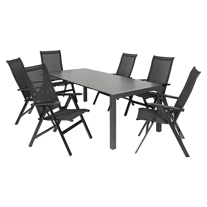 Acamp Gartenmöbel-Set Urban/Extensio - 7 -tlg., Aluminium, HPL, Schwarz - Das Bild zeigt ein graues Gartentischset mit sechs Stühlen auf einem schwarzen Hintergrund. Das Set besteht aus einem Tisch und sechs Stühlen.
