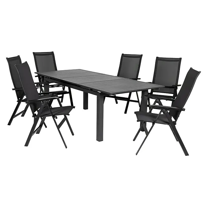 Acamp Gartenmöbel-Set Urban/Chicago - 7 -tlg., Aluminium, Acatex, Schwarz - Bild einer Gartengarnitur mit Tisch und Stühlen. Das Set umfasst einen ausziehbaren Tisch und sechs verstellbare Stühle für den Außenbereich.