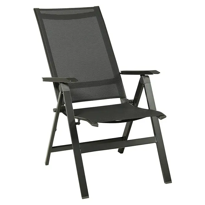 Acamp Gartenmöbel-Set Urban/Chicago - 7 -tlg., Aluminium, Acatex, Schwarz - Schwarzer Klappstuhl mit Armlehnen und Netzstruktur, ideal für den Garten oder die Terrasse. Praktisch, leicht und platzsparend zu verstauen.